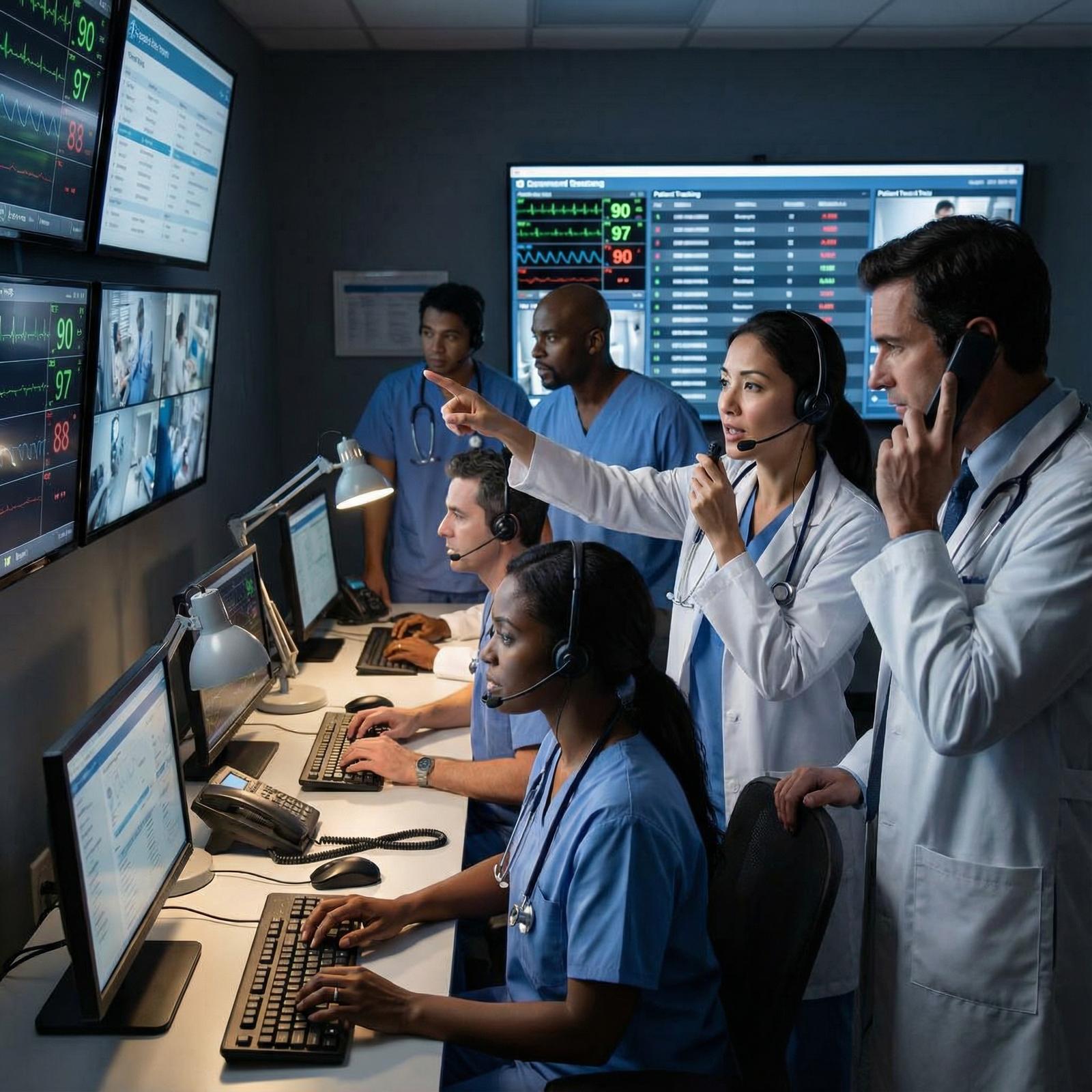 Care team walking through a hospital corridor responding to an alert